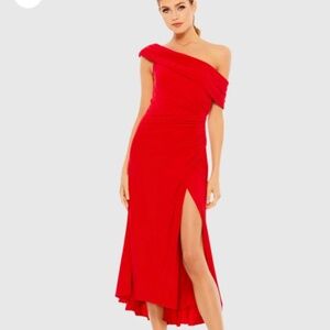 Ieena for Mac Duggal Ruched Off-The-Shoulder Midi Dress Red [8]